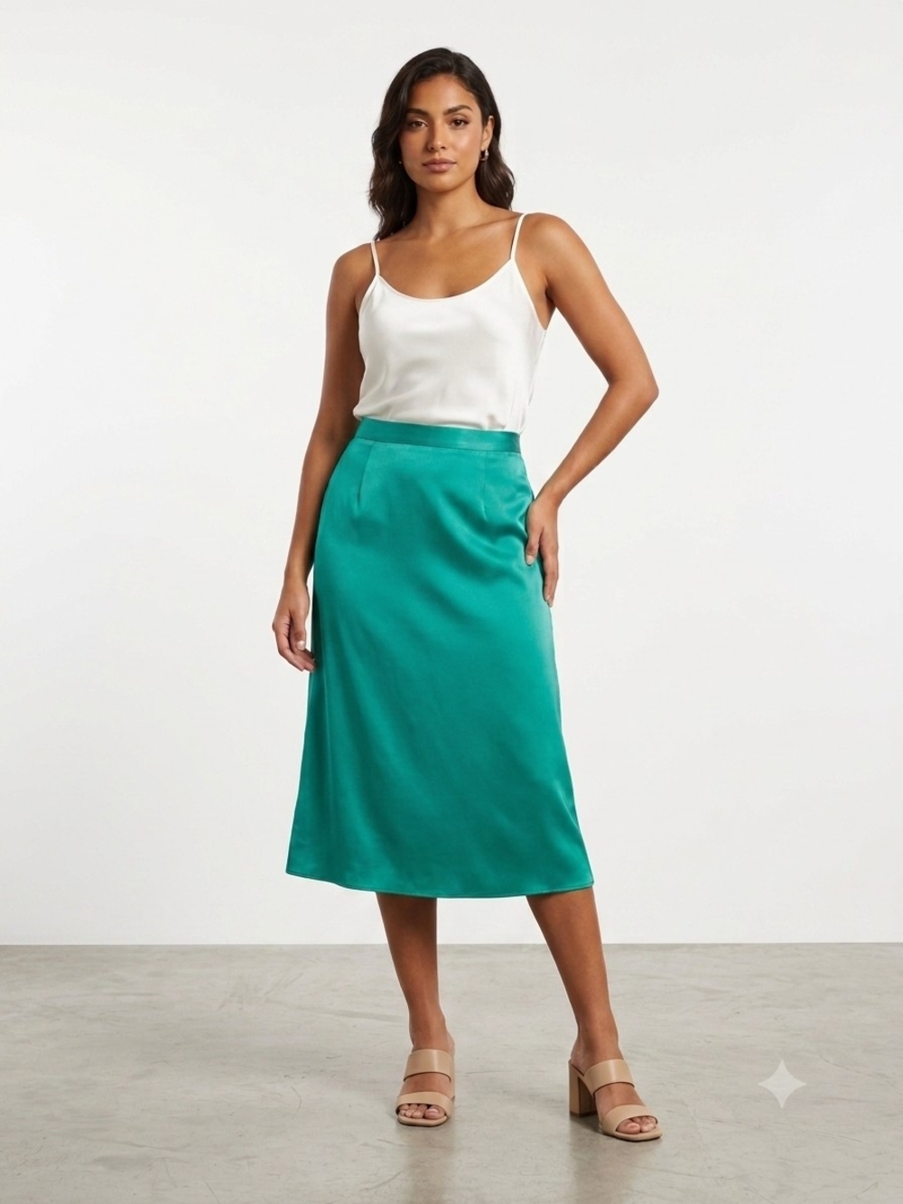 100% Silk Vintage Oscar de la Renta Studio Teal Satin Midi Skirt